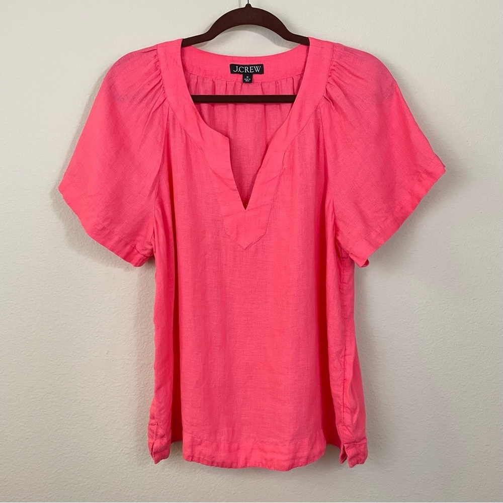 J. Crew Salmon Pink Flutter Sleeve Linen V Neck Top Size Medium